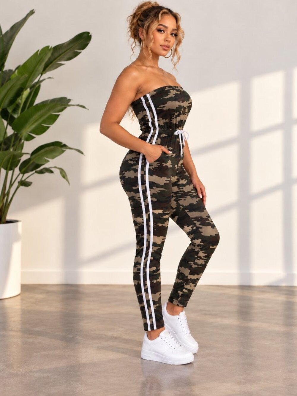 Camo Strapless Tube Top Jumpsuit with Side Stripes – Approx. Small